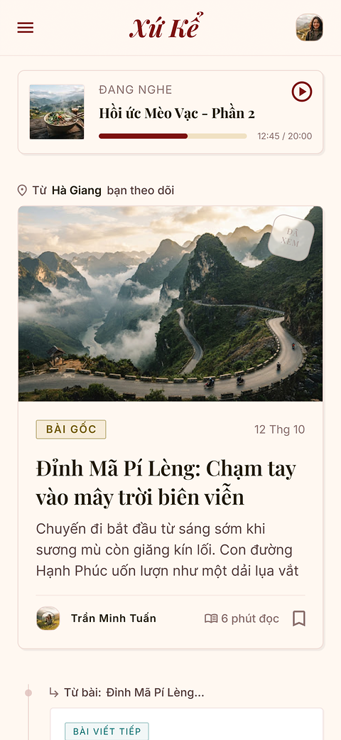 Xứ Kể app design: a feed of cultural travel stories